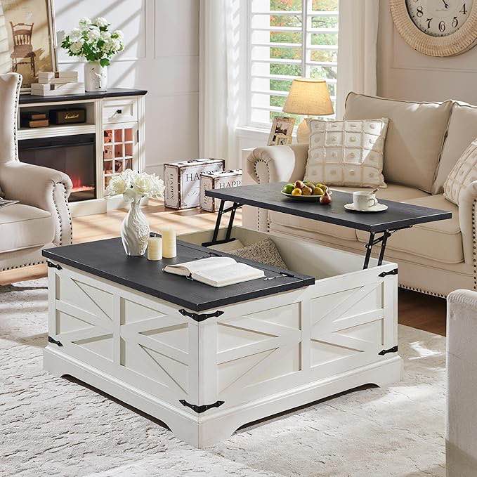 Farmhouse Lift Top Coffee Table with Storage, 36" Wood Square Center Table with Large Hidden Compartment