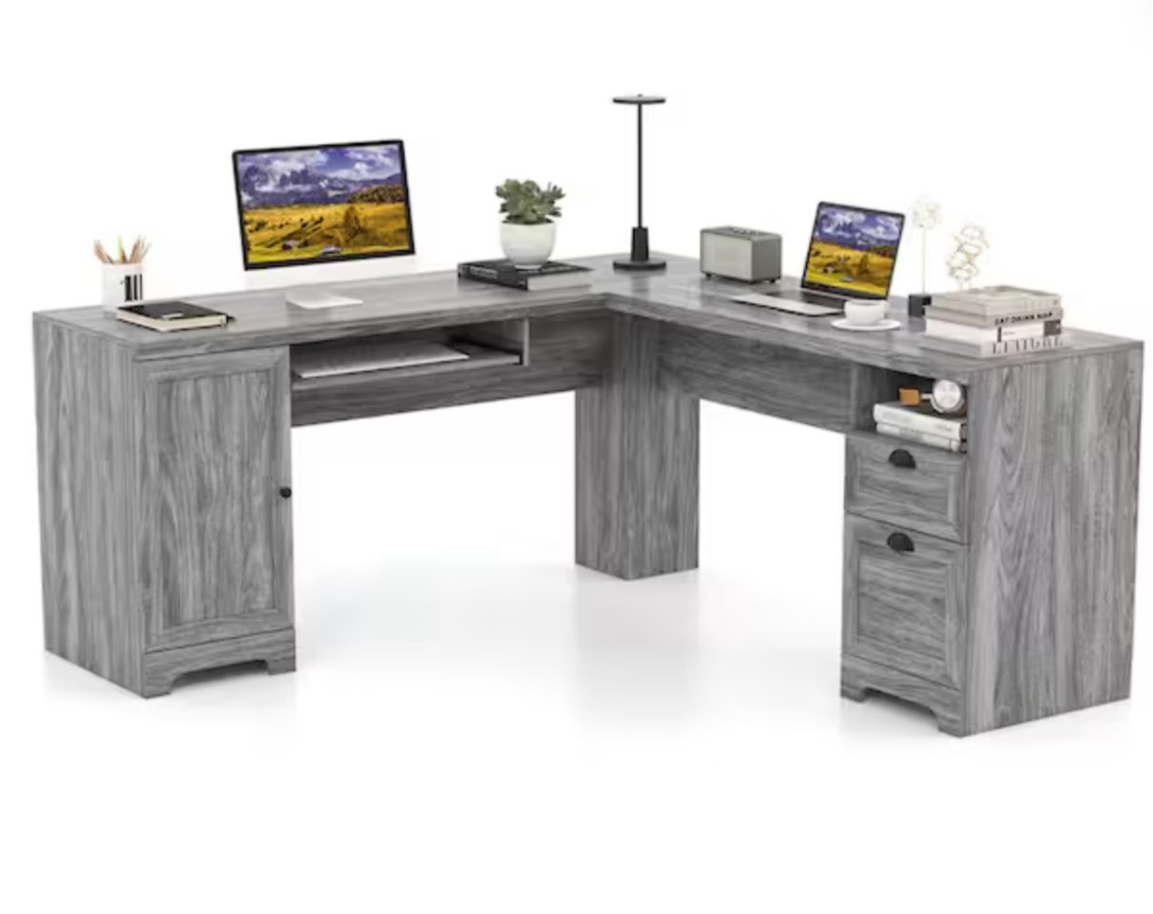 Gray Wood L-Shaped 66 in. Corner Computer Desk Writing Table Study Workstation with Drawers Storage *incomplete,box a only* 