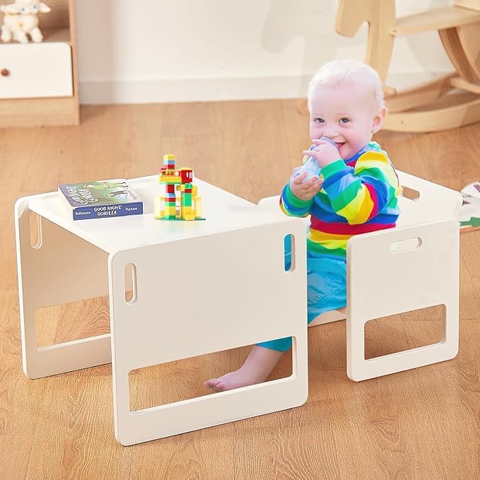 FUNLIO Montessori Toddler Table and Chairs Set for 1-3 Years Old, Adjustable Height, Table and Chair for Reading/Eating/Gaming, Easy to Assemble - White