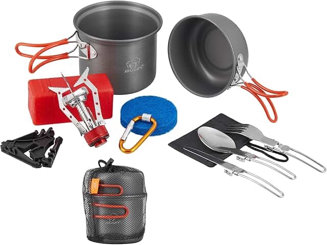Bulin 11PCS Camping Cookware Mess Kit with Lightweight Pot, Stove, Cutlery Set, Gas Tank Holder, Carabiner and Carry Mesh Bag, Great for Backpacking Outdoor Camping Hiking and Picnic