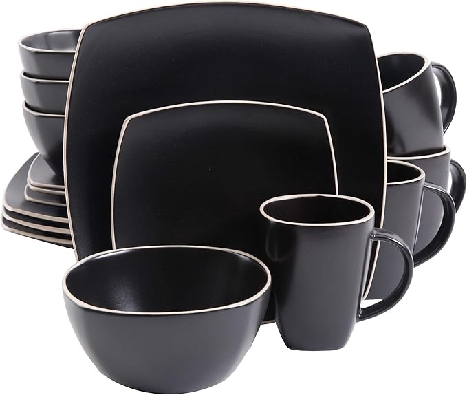 Gibson Soho Lounge Square Reactive Glaze Stoneware Dinnerware Set, Service for 4 (16pc), Light Gray Service for 4 (16pcs) 