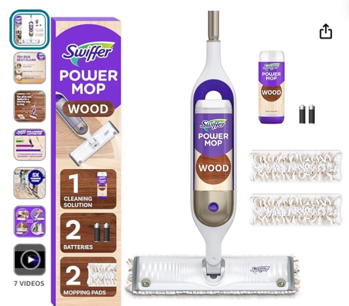 Swiffer Power Mop Wood, Hardwood Floor Cleaner for Mopping Home, Bathroom, Kitchen, All Purpose Multi-Surface Cleaning Set includes PowerMop Wood, 2 Pads, 1 QuickDry Lemon Solution, & 2 Batteries