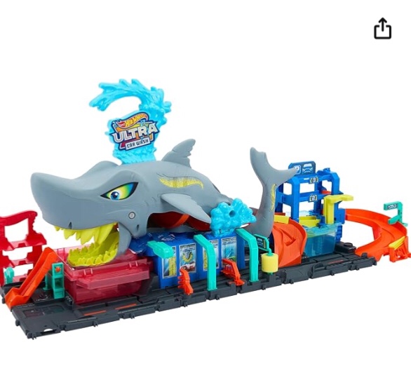 Hot Wheels City Toy Car Track Set, Ultra Shark Car Wash with 1:64 Scale Color Reveal Toy Vehicle, Repeat Color-Change Feature, Storage