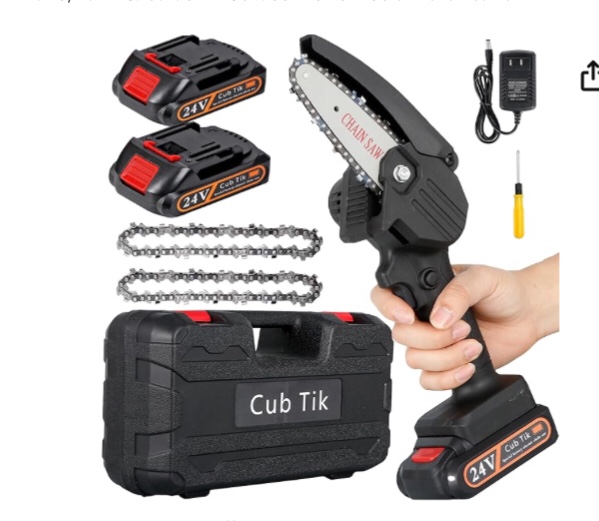 Mini Chainsaw Cordless 4 Inch Battery Powered Electric Chainsaw with 2 Batteres and Chain Portable Handheld Small Chainsaw One Hand Pruning Chain Saw (Black) Brand: Cub Tik