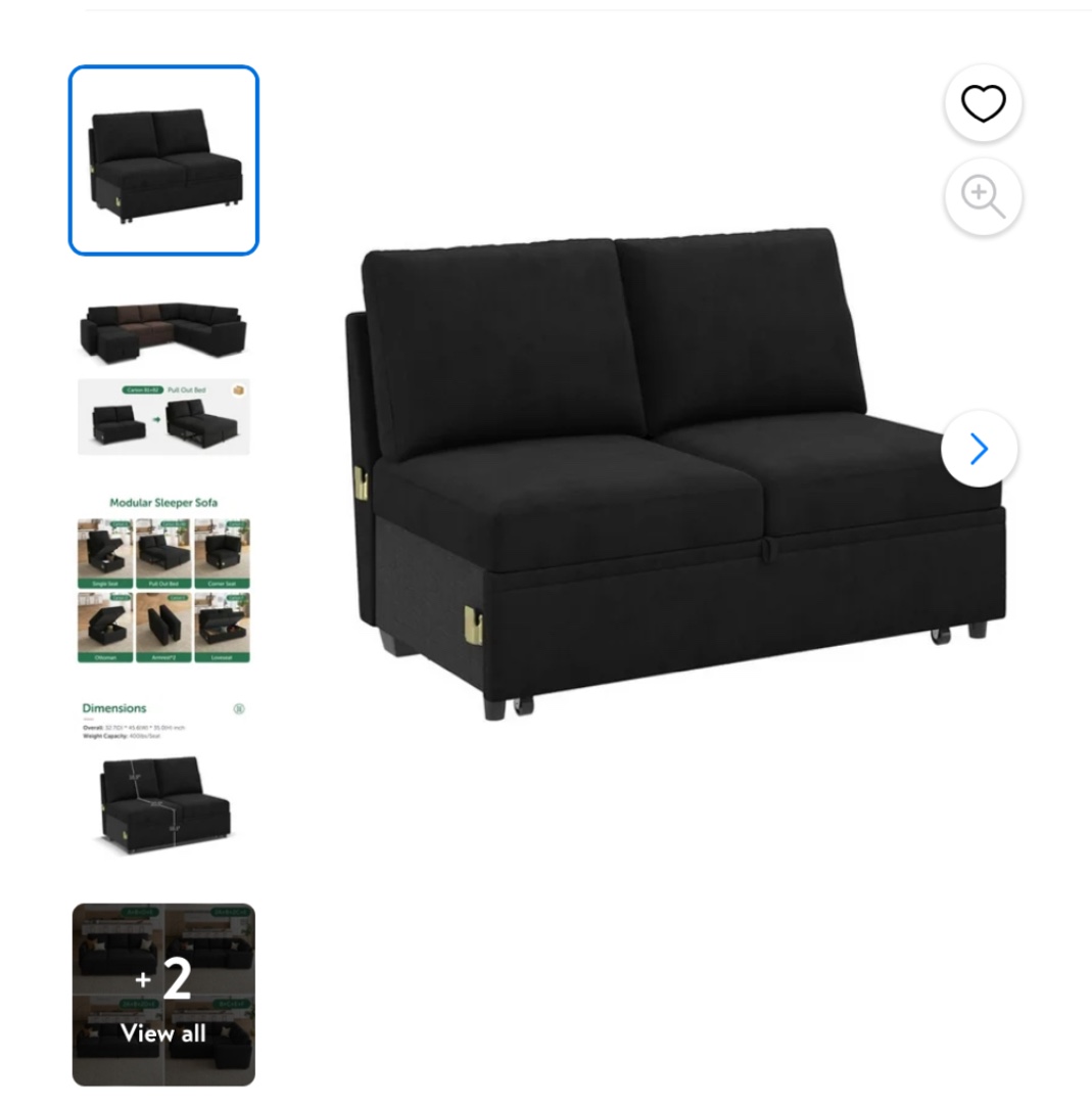 HONBAY Modular Sleeper Storage Sofa, Pull-Out Bed, Black