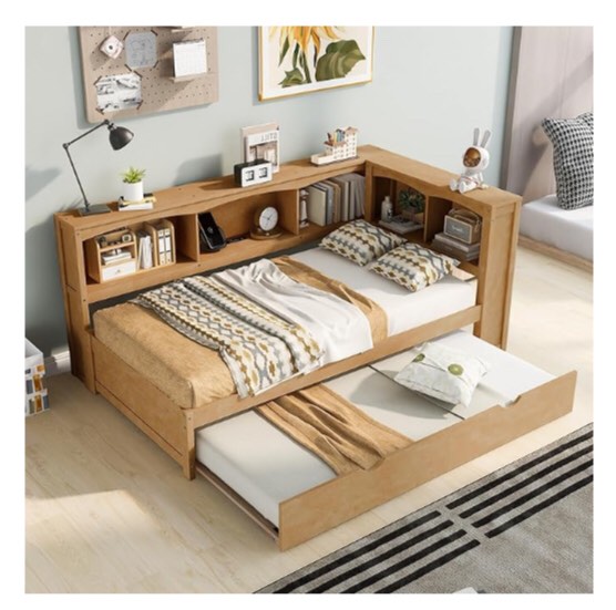 Sofá cama de tamaño individual con estanterías en forma de L, sofá cama multifuncional con puertos USB, marco de cama de plataforma de madera con armarios de almacenamiento y nido para dormitorio, ( box 1/2) 