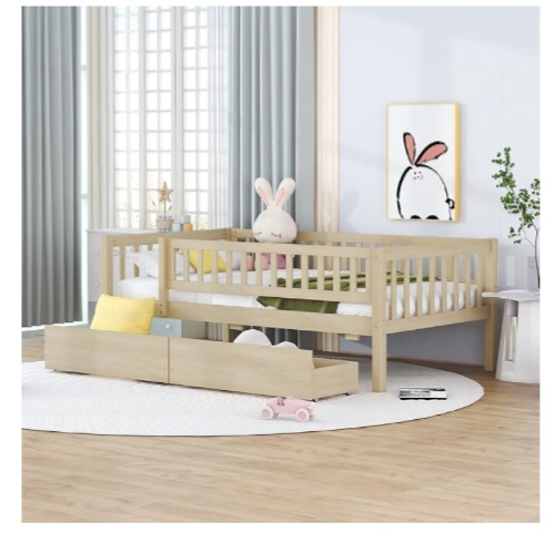 Twin Size Daybed with Two Drawers, Wooden Daybed Sofa Bed Frame with Wood Slats Support and Safety Rails, Multi-functional Platform Bed for Kids Teens, No Box Spring Required (Natural+Twin+Solid Wood) ( Incomplete box 2/2) 