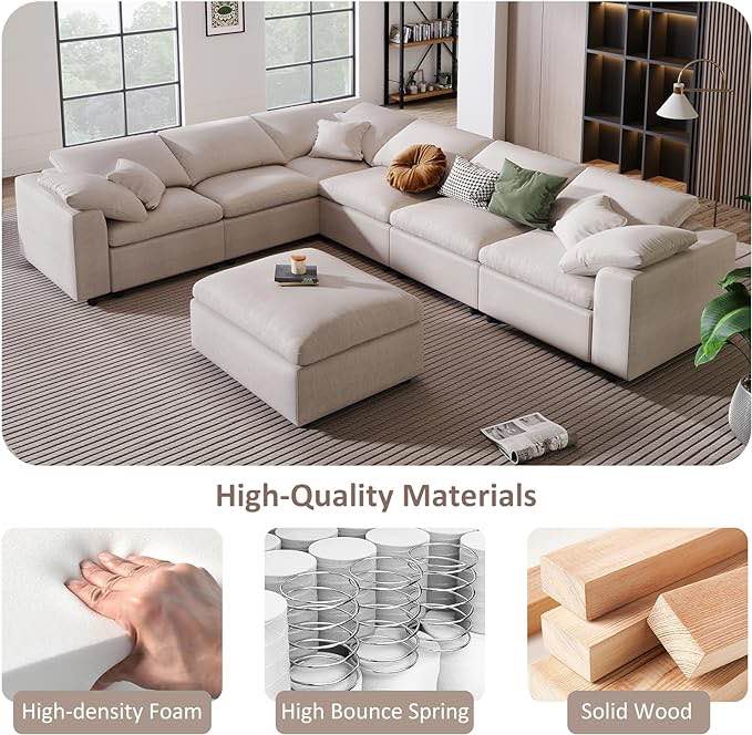 KIVENJAJA Oversized Modular Sectional Sofa, Chenille U-Shaped Couch with Ottoman, 7 Seater Living Room Furniture Sets Sleeper Sofá Bed with 3 Pillows, 130.3" W, Beige ( incomplete 2 pieces only Box 5/8 and box 1/8) 