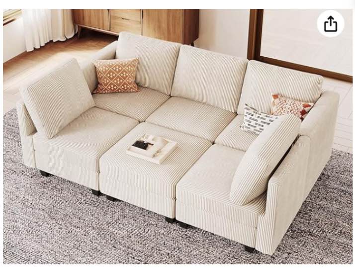 Belffin Modular Sectional Sleeper with Storage Ottoman Corduroy Sectional Couch with Chaise Convertible Modern Sectional Sofa Couch Beige ( incomplete 2 piece only) ( Armless chair  and ottoman)
