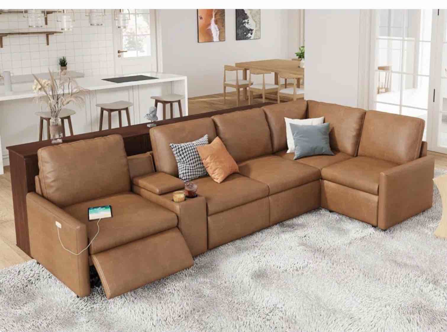 Latitude Run® Power Recliner, Leather 5 Seats L Shaped Couch with Cup Holder& Charging Socket ( incomplete 1 piece only)