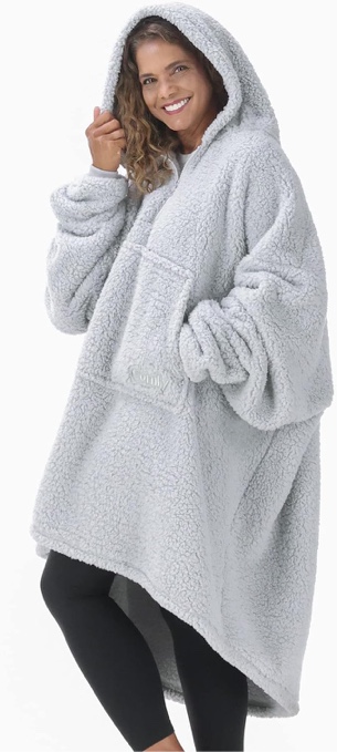 THE COMFY Teddy Bear Full Zip|Oversized All Sherpa Wearable Blanket With Zipper, Seen On Shark Tank, One Size Fits All, Reversible, Double Lined - Denim/Light Gray Full Zip Denim/Light Gray