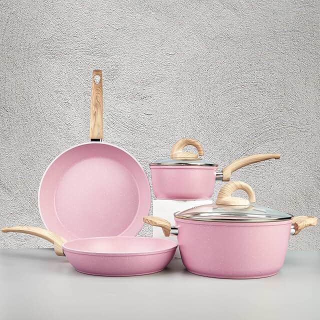 Nonstick Cookware Sets, 8 Piece Pots and Pans Set, Granite Stone Cookware Non Stick Frying Pan Set with Stay Cool Handles, Pink kitchen Cookware Sets 100% PFOA-Free, Toxin-Free, Induction Compatible