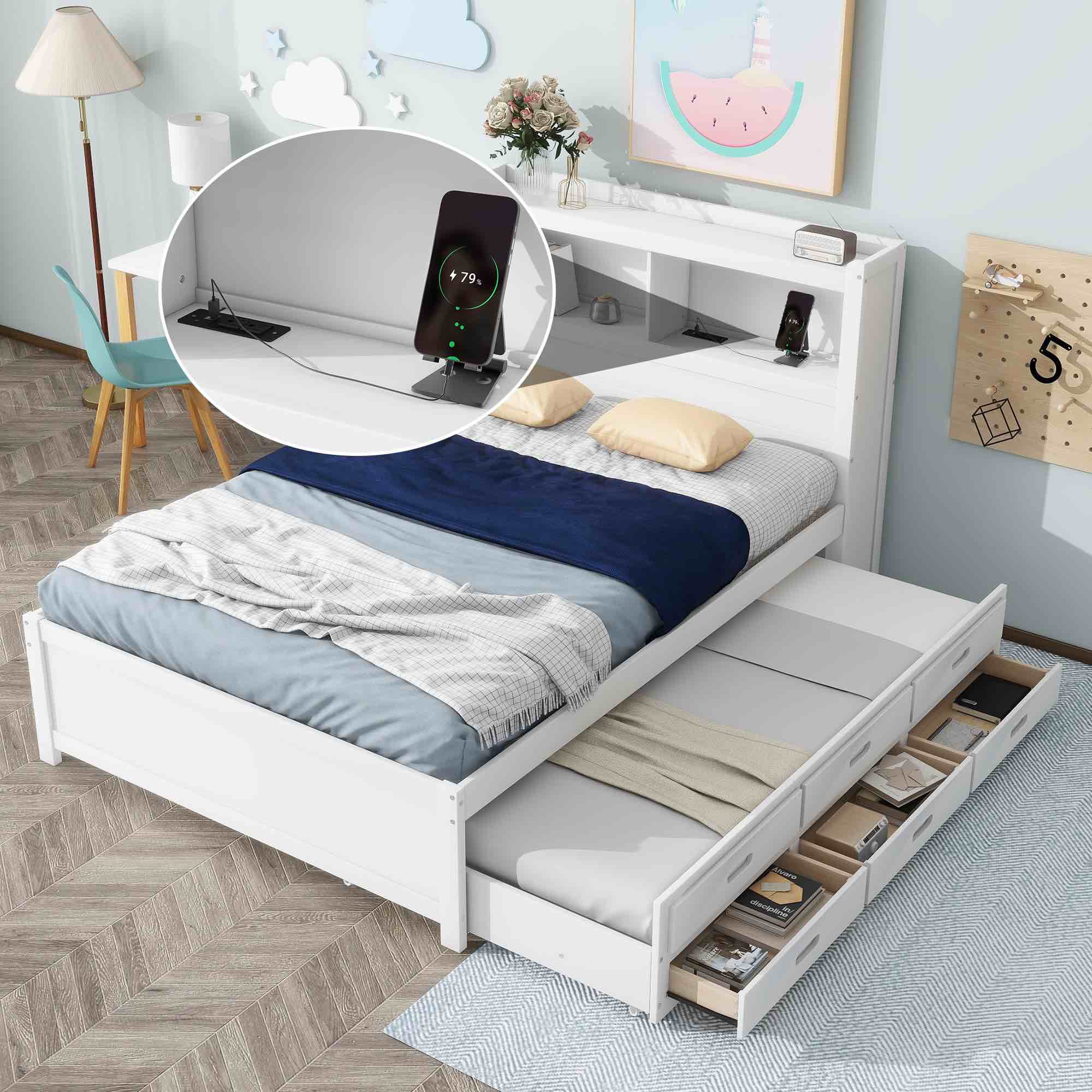  ONLY Box 2/2 Polibi Full Size Platform Bed with Twin Trundle, Pine
