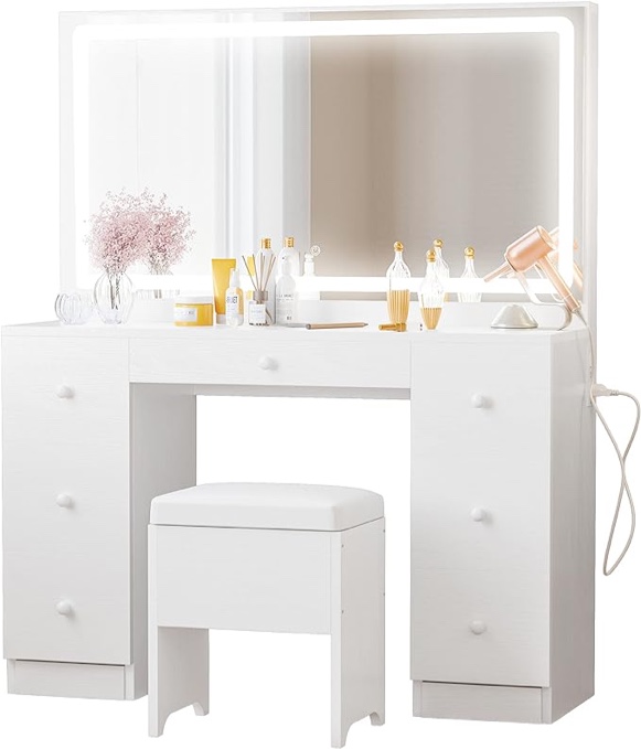 IRONCK Vanity Desk with LED Lighted Mirror & Power Outlet, 7 Drawers Makeup Vanities Table with Stool, for Bedroom, White