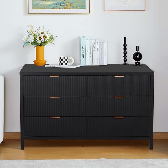 Similar To Stock Photo Fluted 6 Drawer Double Dresser for Bedroom, 47" Wide Modern Closet Dressers Chest of Drawers, Wood Storage Dresser Organizer for Nursery Bedroom Living Room Hallway Closet, Black