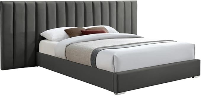 Incomplete Only Rails  Queen Meridian Furniture Pablo Collection Modern | Contemporary Velvet Upholstered Bed with Deep Channel Tufting and Sturdy Chrome Metal Legs, King, Grey