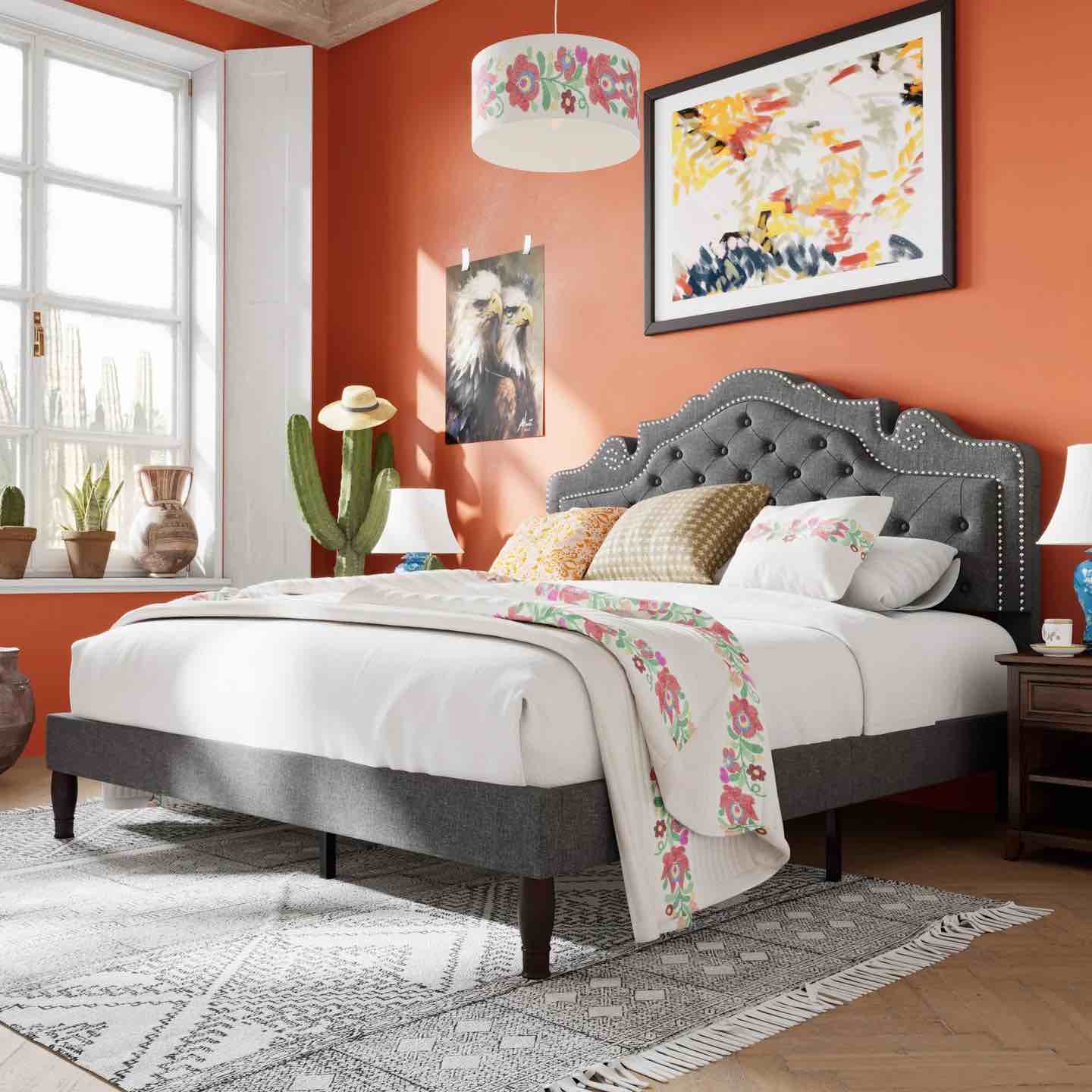 Size Queen Upholstered Bed with Adjustable Headboard, Crown Bed, Diamond Button Tufted