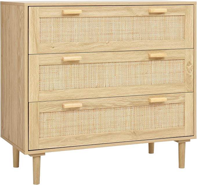 Finnhomy 3 Drawer Dresser for Bedroom 35.43” Wide Wooden Bedroom Dressers with Drawers, Rattan Dresser Modern Cane Dressers Chest of Drawers Wood Oak 3 Drawer Dresser for Bedroom Hallway Living Room(stock photo may be similar but not exact)