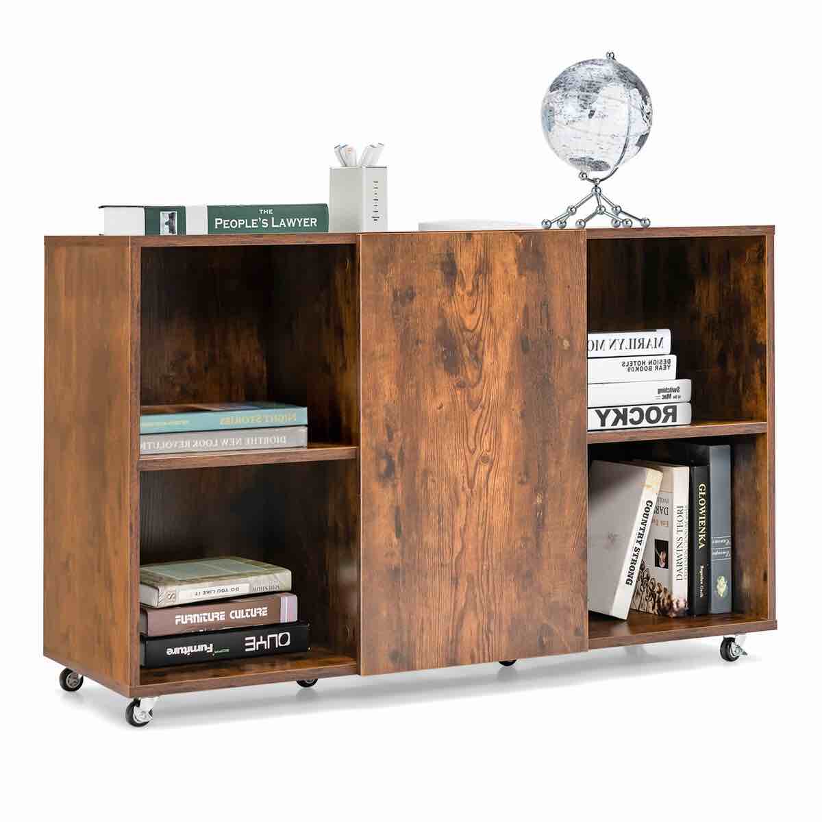 3-Tier Wood Bookcase 6 Cube Bookshelf w/Door Wheels 