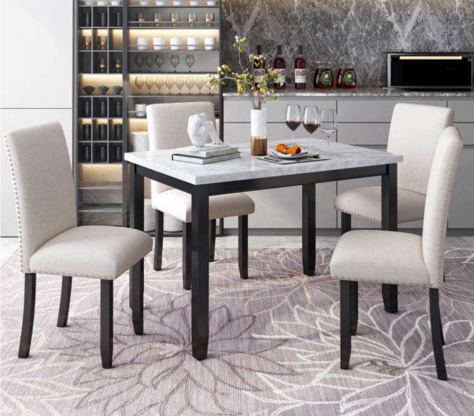 5Pc Faux Marble Dining Set Table w/ 4 Thicken Cushion Dining Chairs(incomplete table only)