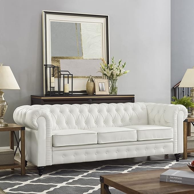 Naomi Home Emery Chesterfield Sofa with Rolled Arms, Tufted Cushions / 3 Seater Sectional Sofa Couch for Small Spaces, Living Room, Bedroom, Apartment Easy Tool-Free Assembly(incomplete box 1/2)