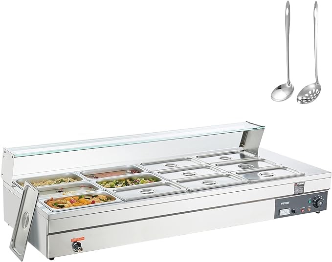VEVOR 12-Pan Commercial Food Warmer, 12 x 8QT Electric Steam Table with Tempered Glass Cover, 1800W Countertop Stainless Steel Buffet Bain Marie 86-185F Temp Control for Catering, Restaurant, Silver