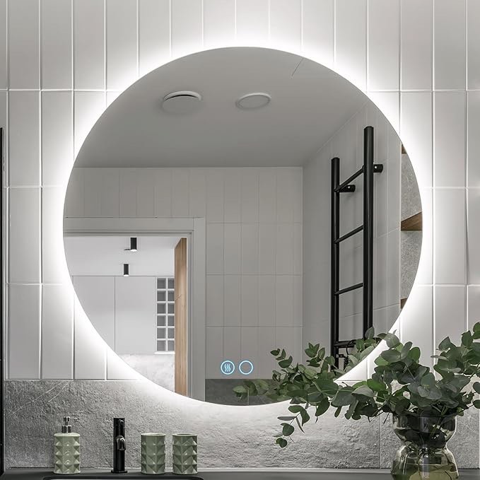 VOWNER 32 Inch Round LED Bathroom Mirror, 3 Colors Light Dimmable Wall Mounted LED Mirror with Touch Switch, Bathroom Mirror with Lights, Anti-Fog Backlit Lighted Round LED Mirror for Bathroom, CRI90