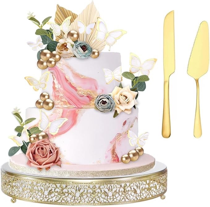 FEICTPOX Cake Stand, Metal Round Cupcake Dessert Stand Cake Display Holder Cookies Fruit Serving Tray Decor for Wedding Party Birthday Baby Showers Anniversary (16in, Gold)