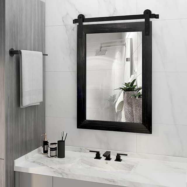 COGOOD Farmhouse Barn Door Mirror - 21 x 30 Rustic Wood Framed Wall Mirror for Bathroom, Living Room, Entryway Wall Decor (Black)