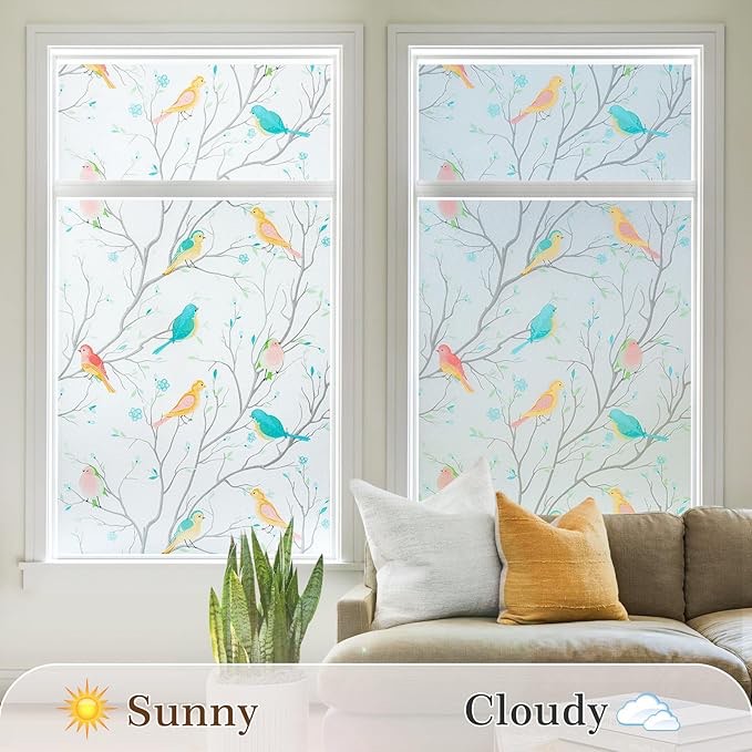   3 pack Privacy Window Film Stained Glass: Decorative Window Film Frosted Anti Glare UV Blocking Non-Adhesive Static Cling for Home Bathroom Kitchen Rental Room Office Birds 35.4 x 78.7 Inches