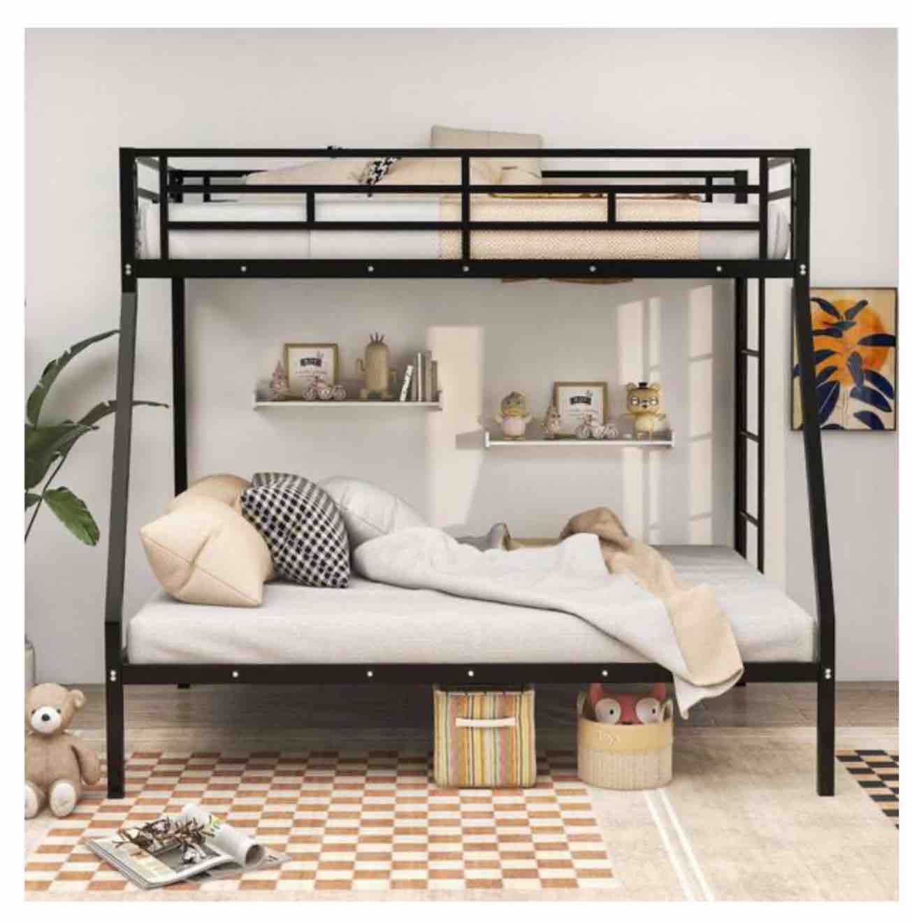 Black Twin Over Full Metal Bunk Bed Frame With Ladder Space-Saving Design