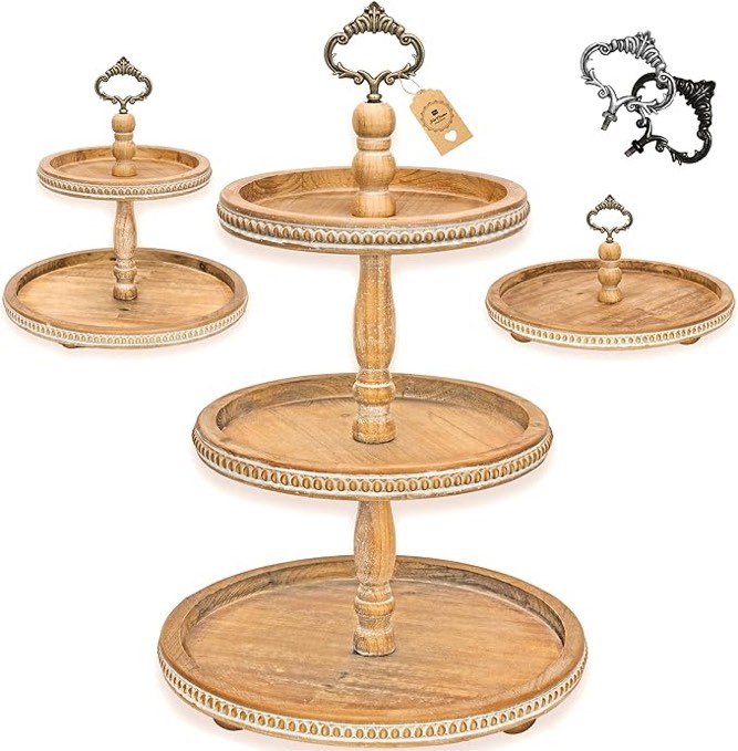 [3-in-1] Wooden Tiered Tray Stand - Large Beaded 3 Tiered Tray Decor Wood Cupcake Stand for Farmhouse Country Rustic Home - 3 Tier Stand [with 3 Changeable Handles] by Felt Creative Home Goods (Brown) 3 Tier Brown