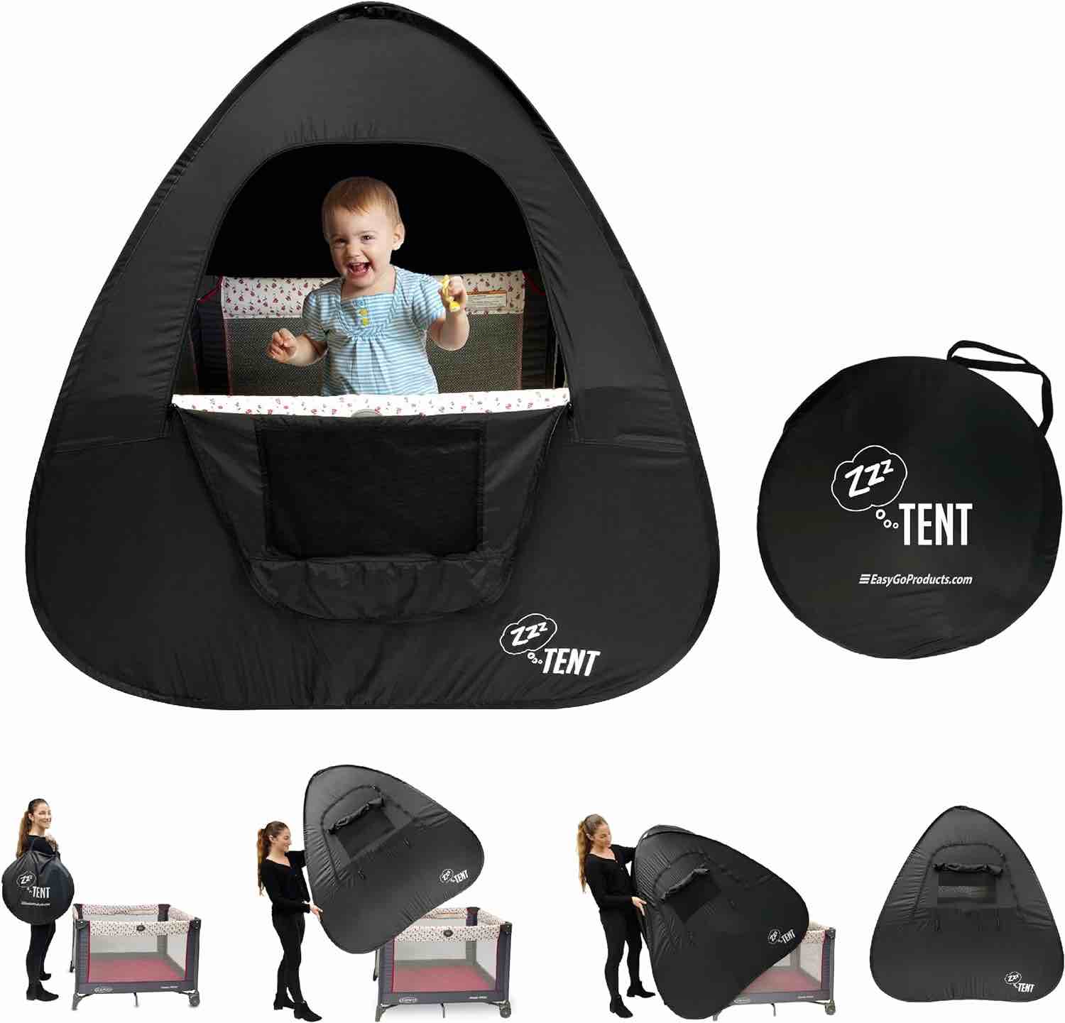 EasyGo Product ZZZ PlayPen Sleeping Canopy Cover Instant Tent – Great at Home and Travelling - Compatible with Pack n Play, Baby Bjorn & Lotus Travel Crib & Other Portable and Patented - Black