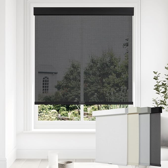 ChrisDowa Light Filtering Roller Shades, with 5% Openness Solar Screen, Flame Retardant Fabric. Solar Semi Sheer Roller Blinds for Office and Home. Easy to Install.Off White,40" W x 72" H 40"W x 72"H Off Black