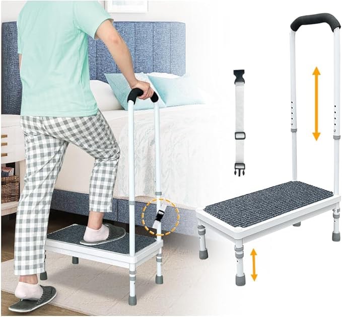 Medical Step Stool With Handle Bed Steps for High Beds for Adults Elderly 3-in-1 Safety Bed Handle Bedside Assist Handicap Wide Foot Step Stool for Bedroom, Bathtub, Shower, SUV Car (21.65 Inches)