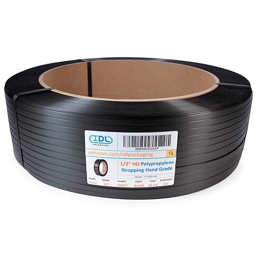 IDL Packaging 1/2" x 7200' Hand Grade Polypropylene (PP) Strapping Roll of 16" x 6" Core Size, 600 lbs Break Strength – Lightweight and Affordable Poly Banding – Elastic and Flexible Packing Straps