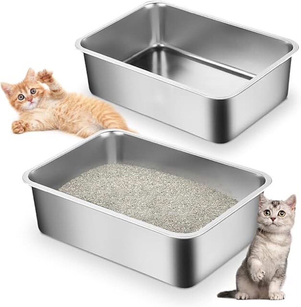Stainless Steel Cat Litter Box, Small Metal High Sides Litter Box for Kittens,15.8"x11.8"x3.9" Indoor Litter Tray Easy to Clean, Rust-Resistant, Odor-Free 2 Pack 15.8 x 11.8 x 3.9 in
