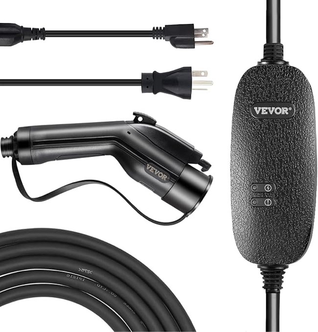 VEVOR Level 1+2 EV Charger, 16 Amp 110-240V, Portable Electric Vehicle Charger with 25 ft Charging Cable NEMA 6-20 Plug NEMA 5-15 Adapter, Plug-in Home EV Charging Station for SAE J1772 Electric Cars