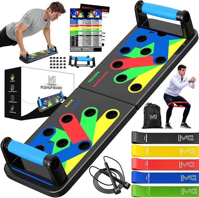 MG Push up Board with 5 Resistance Bands & Jump Rope – Portable Home Gym Equipment for Full Body Workout, Strength Training, Exercise and Fitness – with a Giftable Box & Workout Manual