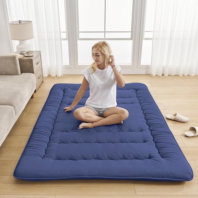 ZPECC Futon Mattress Japanese Floor Mattress - High Support Foam Foldable Roll Up Shikibuton Tatami Mat Sleeping Pad for House Guest, Camping, Travel (Blue, Full Size)