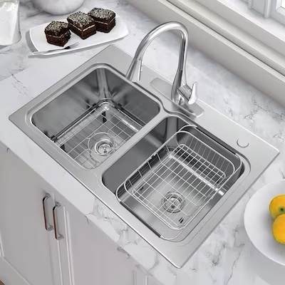 allen + roth Hoffman Dual-mount 33-in x 22-in Stainless Steel Double Equal Bowl 2-Hole Kitchen Sink All-in-one Kit Item #4351173 | Model #VT3322LA0