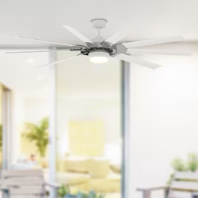 Fanimation Studio Collection Slinger v2 72-in Brushed Nickel and White Color-changing Integrated LED Indoor/Outdoor Ceiling Fan with Light and Remote (9-Blade) Item #2851336 | Model #LP8147SLMWBN Shop Fanimation Studio Collection