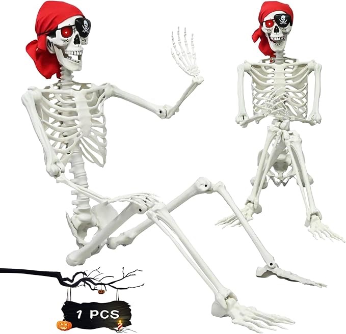 5.4 feet / 165 cm Halloween Skeleton, Full-Body Realistic Pirate Skeleton with LED Light-up Eyes, Movable Joints, Suitable for Indoor and Outdoor Halloween Props Decoration.