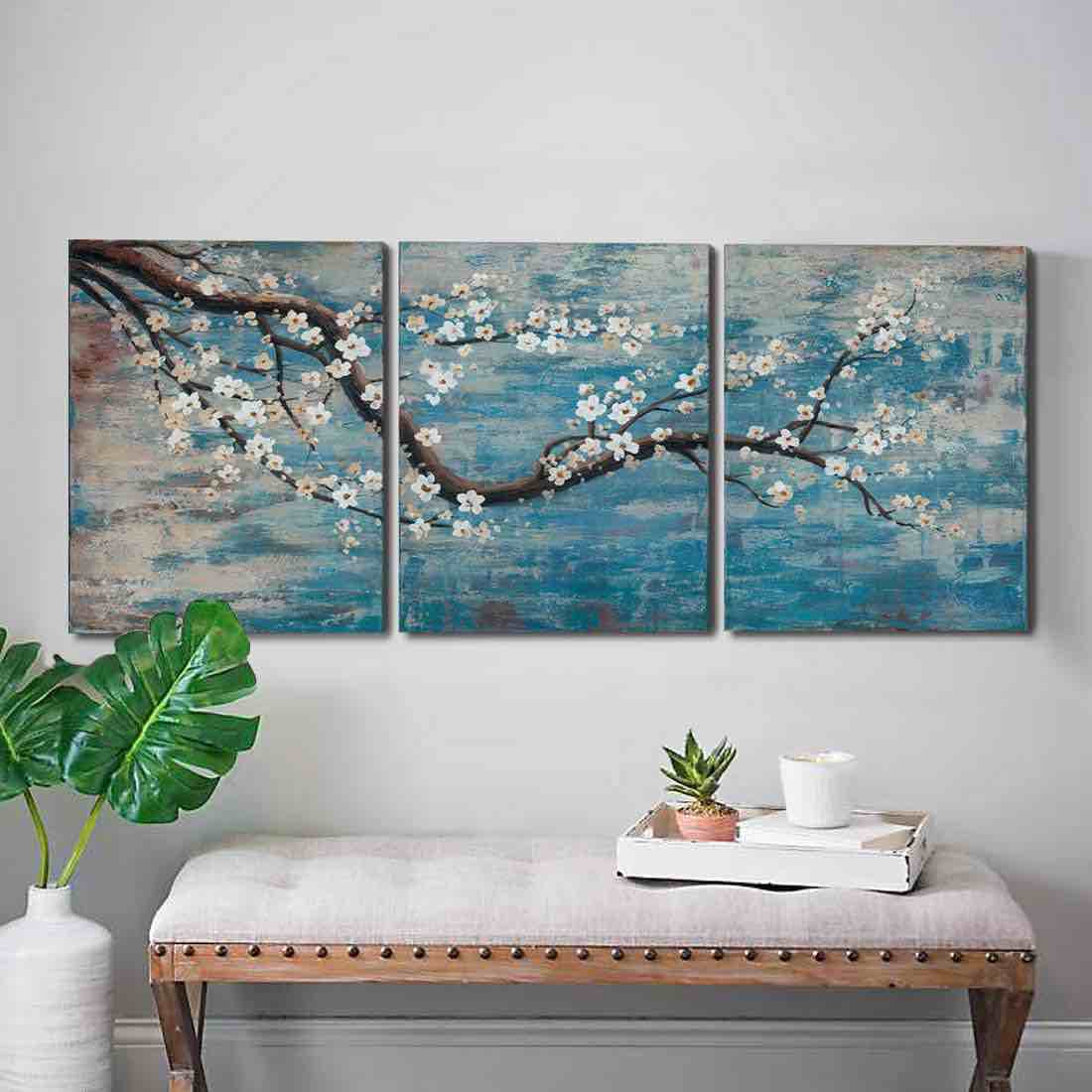 Roll over image to zoom in                      6 VIDEOS 3 Piece Wall Art Hand-Painted Framed Flower Oil Painting On Canvas Gallery Wrapped Modern Floral Artwork for Living Room Bedroom Décor Teal Blue Lake Ready to Hang 12"x16"x3 Panel
