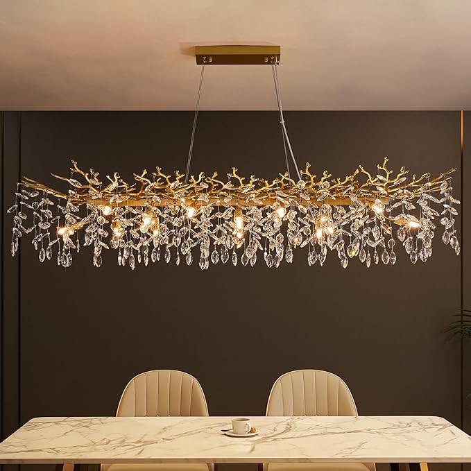 Akeelighting Gold Crystal Chandelier Lighting Linear Rectangle Modern Tree Branch Chandeliers Golden Dining Room Kitchen Island Foyer Raindrop Chandelier Hanging Ceiling Light Fixture L47