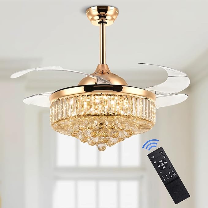 36” Inch Crystal Ceiling Fan with Light and Remote Modern Gold Fandelier Retractable Chandelier Fan for Bedroom Living Room