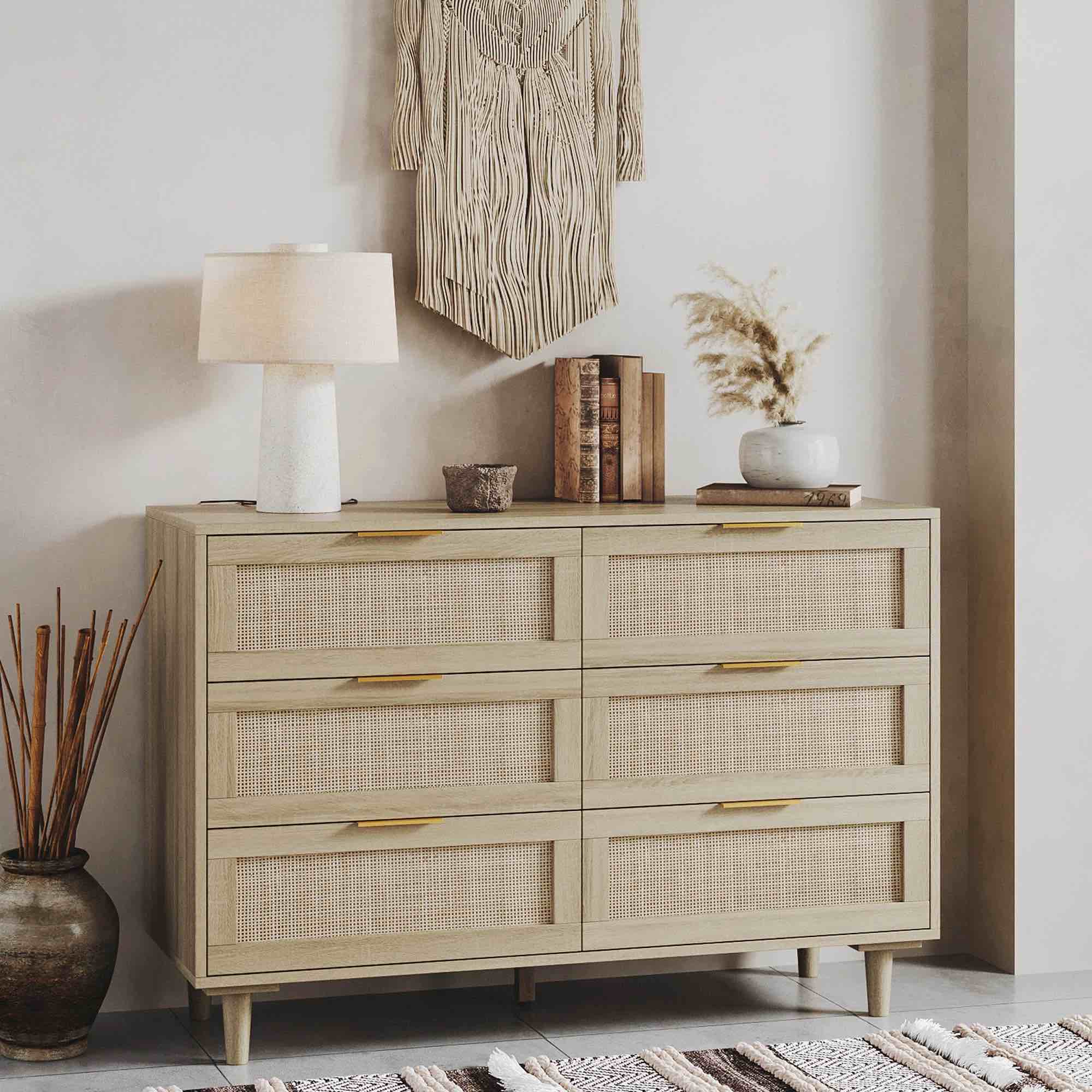 Devonport Rattan 6 Drawer Dresser for Bedroom, Wood Dresser & Chest of Drawers with Metal Handles