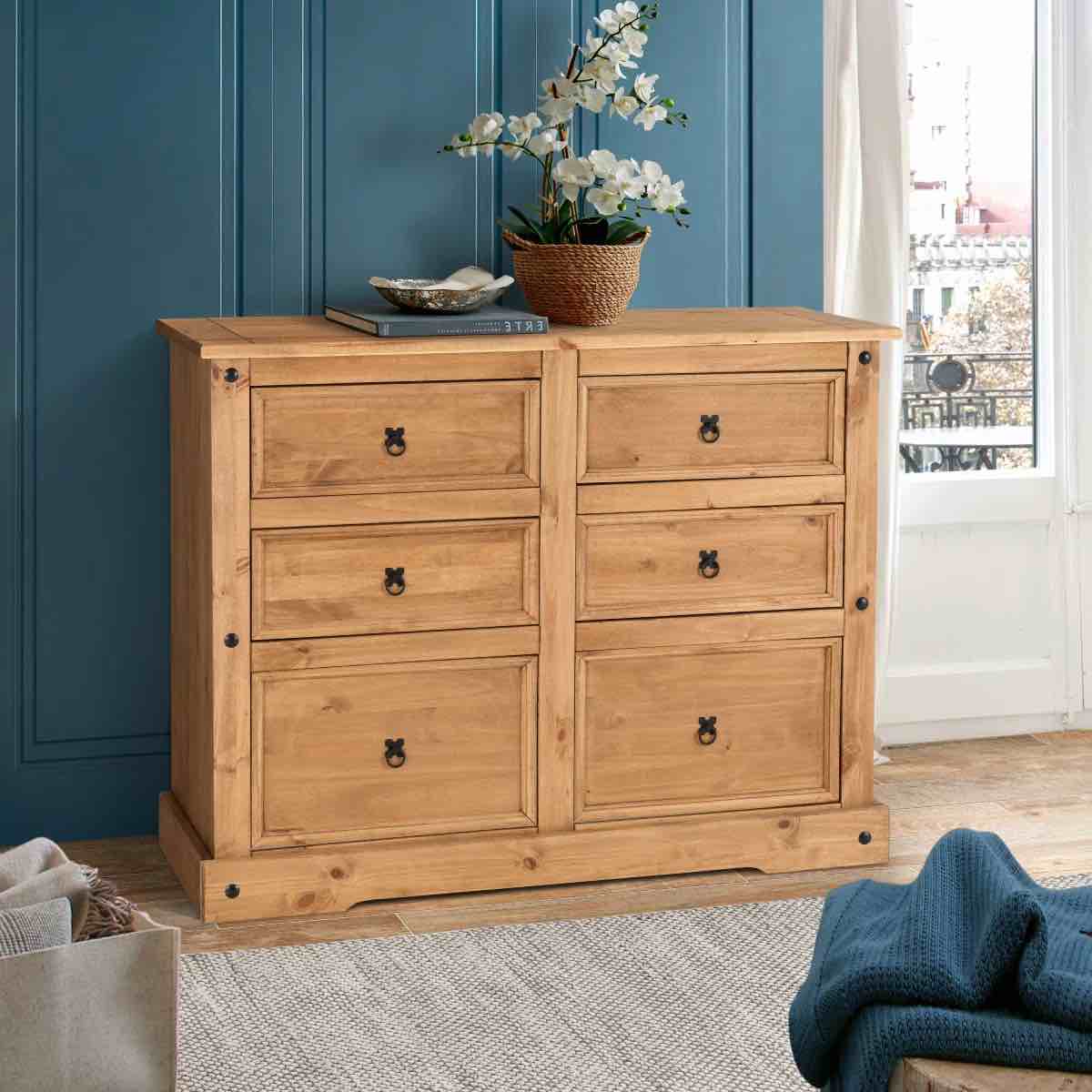 Enye Farmhouse 6 Drawer Double Dresser For Bedroom, Chest Pine Wood Rustic Style