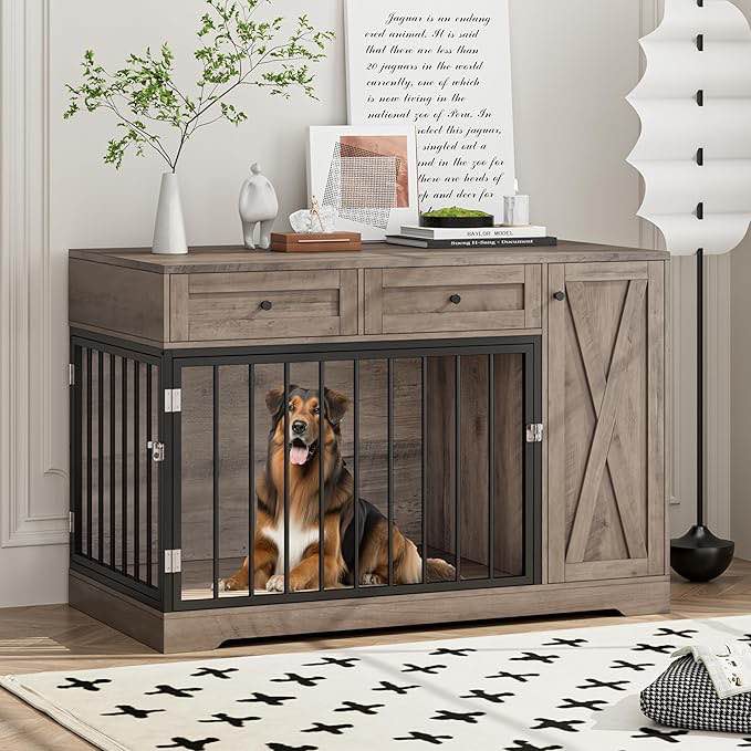 Furniture Style Wooden Dog Crate With 2 Drawers And Double Doors With Locks