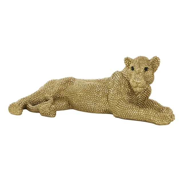 Laying Floor Leopard Decorative Gold Sculpture with Carved Faceted Diamond Exterior